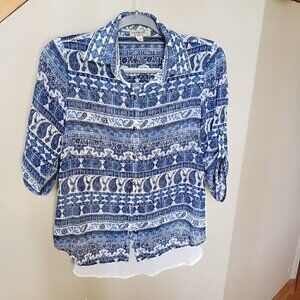 One World Live and Let Live Blue and White Patterned Blouse Size Small Petite